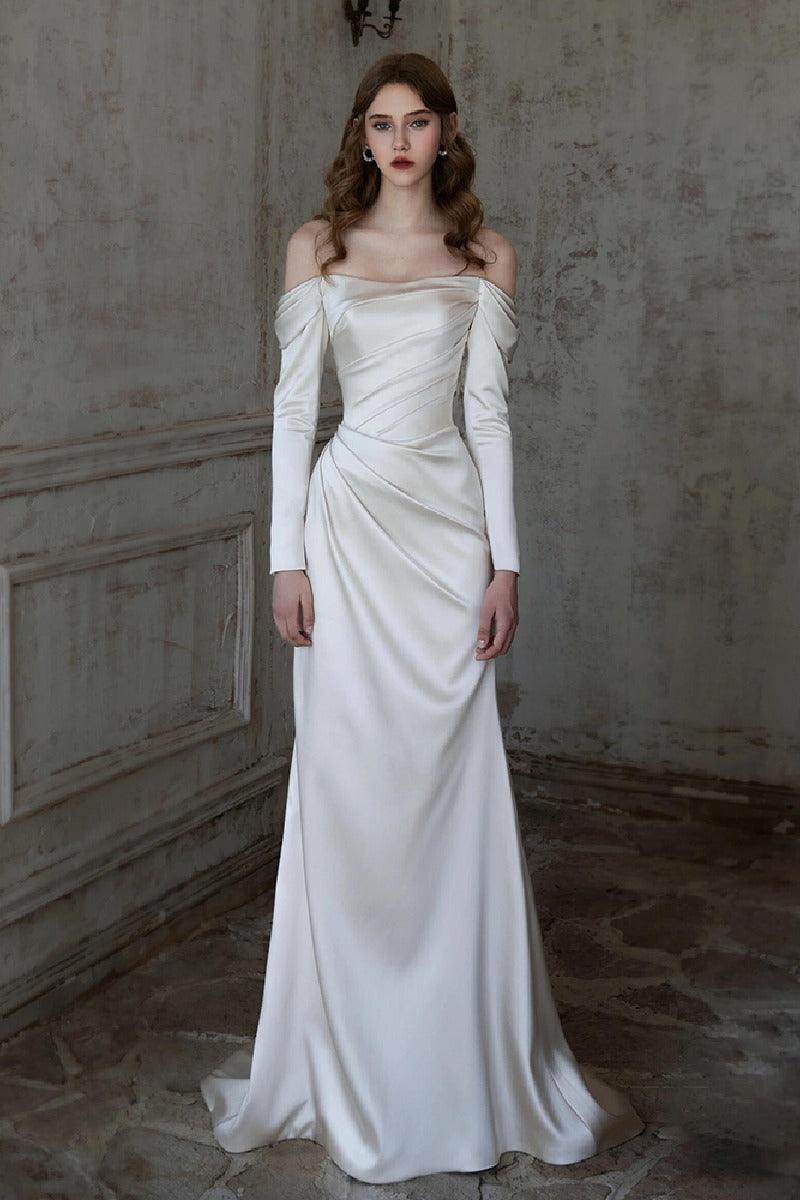 Sheath-Column Sweep-Brush Train Satin Wedding Dress 851237427674 - COCOMELODY